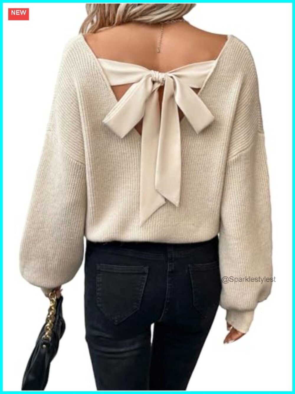 Cable Knit Oversized Chunky Bow Back V-Neck Sweater